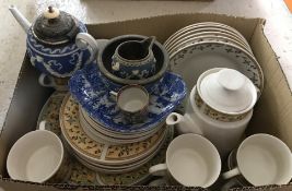 Six boxes of assorted china, glass, ornaments etc to include decanters,