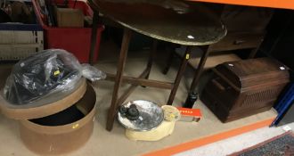 Two bowler hats, a set of vintage scales, a Pyrex oven to table glass rolling pin,