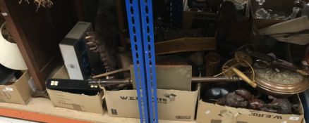 Five boxes of assorted metal, treenware etc to include various animal figurines, pewter mugs,