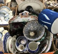 Two boxes of assorted decorative china wares to include blue and white jug, plates,