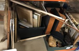 A box containing sundry items to include carved wooden Buddha type figures, a Locke & Co.