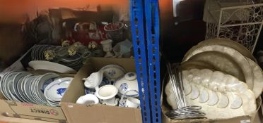 Five boxes of assorted china and glass wares, etc.