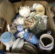 A box of assorted sundry decorative china and glassware to include a J G Meakin studio coffee pot,