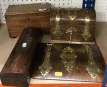 A Victorian burr walnut and brass bound Gothic Revival dome top stationery box, 20.5 cm wide x 14.