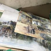 Two fabric covered wooden folios of various prints, a box of various prints and watercolours,