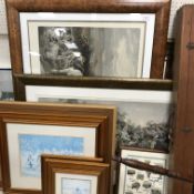A collection of various framed and glazed prints together with a copper warming pan,