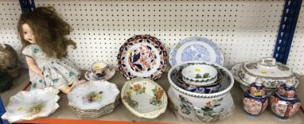 A Pedigree plastic jointed doll with love heart dress and a collection of various china wares to