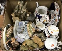 A box of various china wares to include Gaudy Welsh tea set and a Lladro figure group of a girl and
