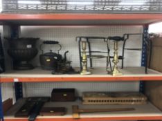 A collection of various metal and treen wares including three wooden-handled brass and iron trivets,