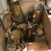 A box of various metal wares to include conical jug, copper coffee pot, brass conical jug,