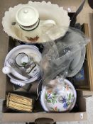 A box of sundries to include a pair of ballet shoes and leotard,