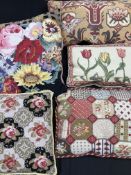 Four hand worked tapestry cushions and a fabric cushion (5)
