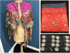 A box containing a Chinese Junjian (?) shawl with streamers,