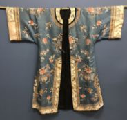 A Chinese silk robe, the main panels with foliate embroidered decoration including chrysanthemums,