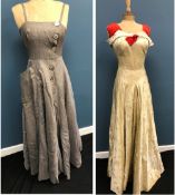 A mid 20th Century cream brocade evening dress with red pleated silk straps, yoked skirt,