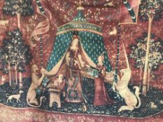 A 20th Century printed fabric panel decorated with 'The lady with a unicorn- a mon seul desir'
