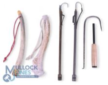 Pair of vintage brass extending trout gaffs with priest heads, spring belt clips and point