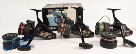 Three vintage Abu Cardinal 57 spinning reels, all retaining good original finish, including one with