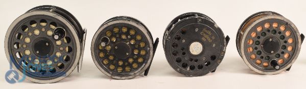 Collection of 4 Daiwa salmon fly reels by J W Young, in sizes 3 1/2
