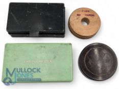 Hardy Bros England Bakelite fly and cast cases/box to include contents, plus 2 wooden reels of wire,