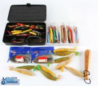 A collection of fishing tackle, as follows: plastic box with artificial sea fishing lures, 21, 50 to