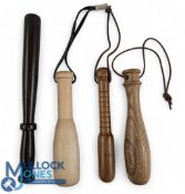 Wooden Fishing Priest, 4 modern good looking turned priest with leather straps and one having lead