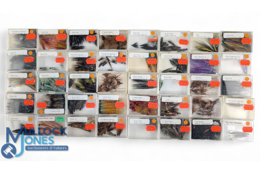 Large Collection of Salmon Aluminium Tubes, Fly-Fishing, all-in retail boxes with examples of