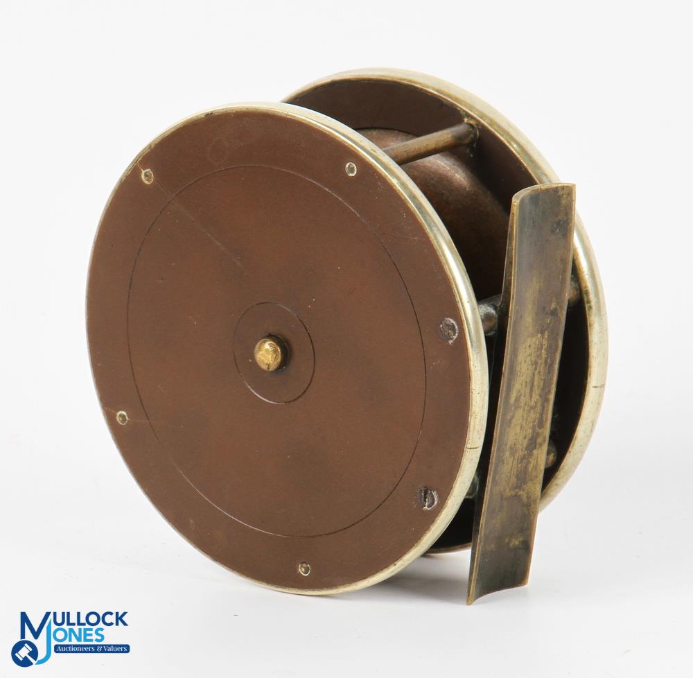 J Gillett Maker, 40 Fetter Lane, London, brass and ebonite fly reel, 3.75" wide spool, oversize - Image 2 of 2