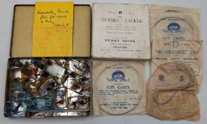 Henry Monk fishing tackle box to contain gut cats x 5 Redditch and one Hardy, plus a tin of brook