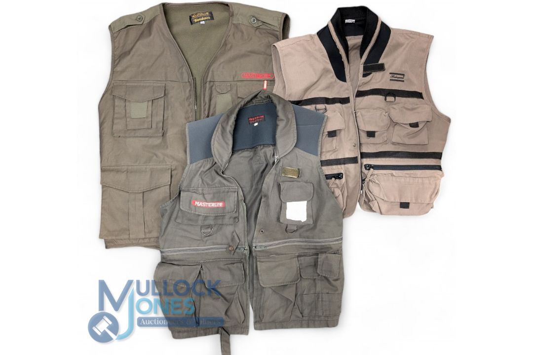 3x Fishing Multi Pocket Vests, a Shakespeare size XL, a Masterline flyfishing waistcoat size L,