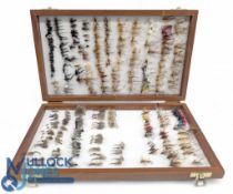Richard Wheatley Wooden Fly Box, full of assorted flies with noted example of Daddy long legs.