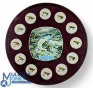 Farlow's Salmon Flies Advertising Tray: a metal tray 38cm diameter with 12 assorted flies