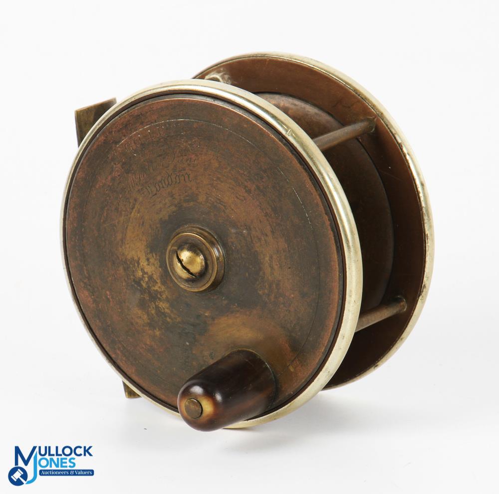 J Gillett Maker, 40 Fetter Lane, London, brass and ebonite fly reel, 3.75" wide spool, oversize