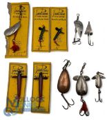 Poolson Star Brand artificial bait spoon devons, minnows lures, 5 good, carded examples with a