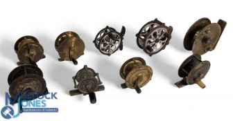 Selection of Early Brass Fishing Reels to consist of Allcock & Son Ltd 2 3/8, G Little & Co London 2