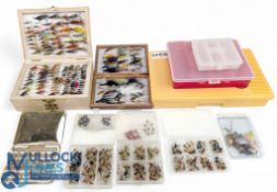 Fly Fishing Boxes, wooden and plastic boxes of trout and salmon flies, a good collection inside a