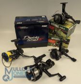 4x Modern Fixed Spool Reels features a Fox Diablo 550S LHW appears with some signs of use, with