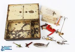 C Farlow black japanned fly box and lures with two hinged door compartments to inside with oval