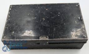 Redditch japanned fishing tackle box, with accessories, minnow compartments, leather pouch, a