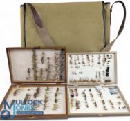 Fly Fishing Bag by GDK Canvas with leather trim, plus 2 wooden fly boxes with trout flies and a