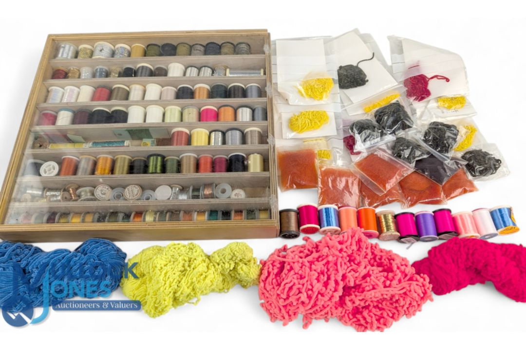Collection of Fly-Tying Reels, Cottons, Fash Silks, Tinsel, Wool assorted makers most in a wooden - Image 2 of 2