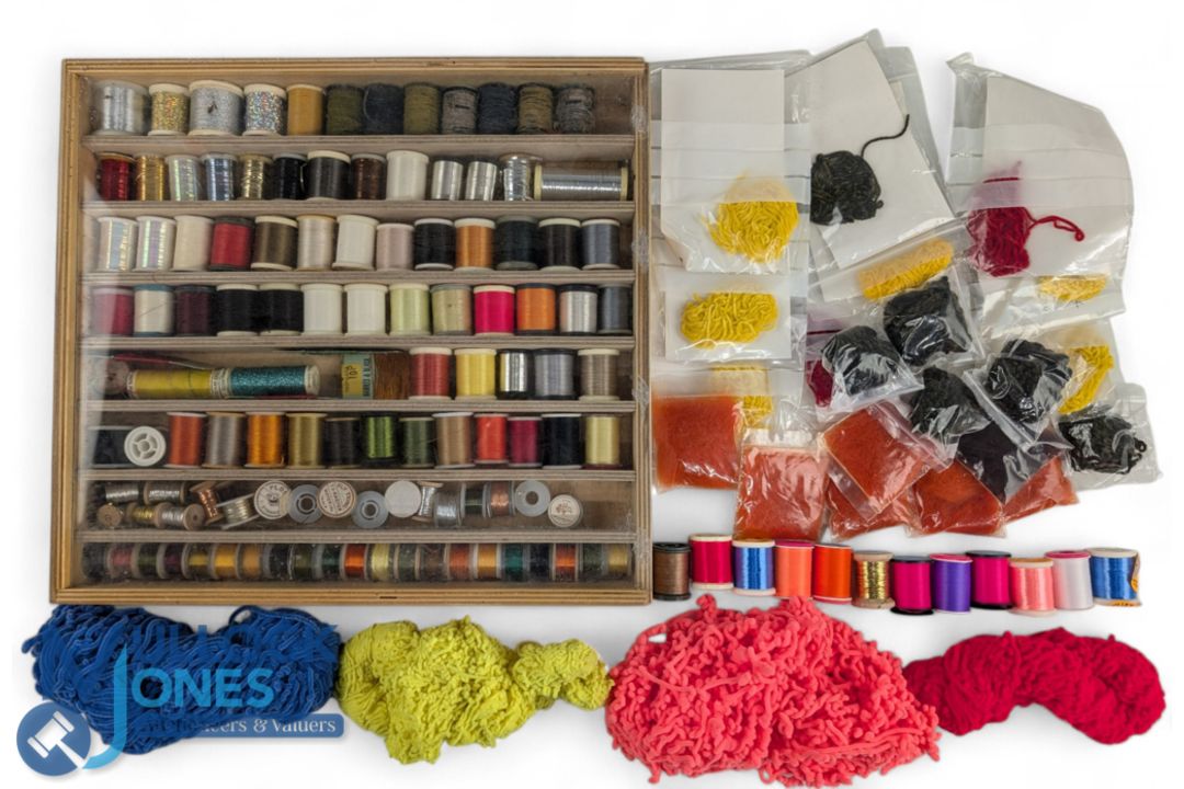Collection of Fly-Tying Reels, Cottons, Fash Silks, Tinsel, Wool assorted makers most in a wooden - Image 1 of 2