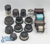 A collection of spare spools comprising: 5x level wind multiplier spools, possibly Abu; 11x fixed