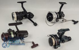 4x Fixed spool reels features Garcia 9600 made in Japan, black finish, plus Abu Garcia 854 reel in