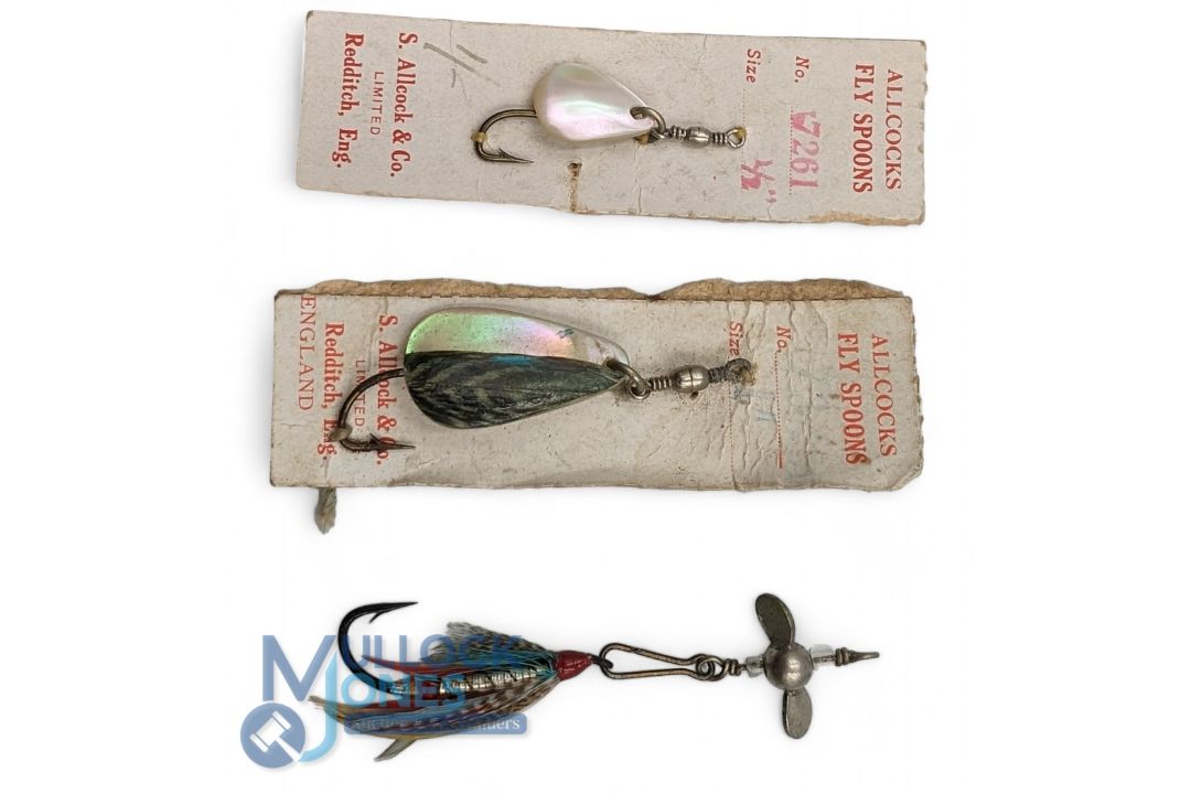 A collection of 3 rarely seen Allcock Spinners Fishing Lures, a 1/2" mother of pearl fly spoon on