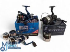 Drennan 9-50 rear drag Big Feeder reel with two spare spools together with a pair of Avanti RDX2