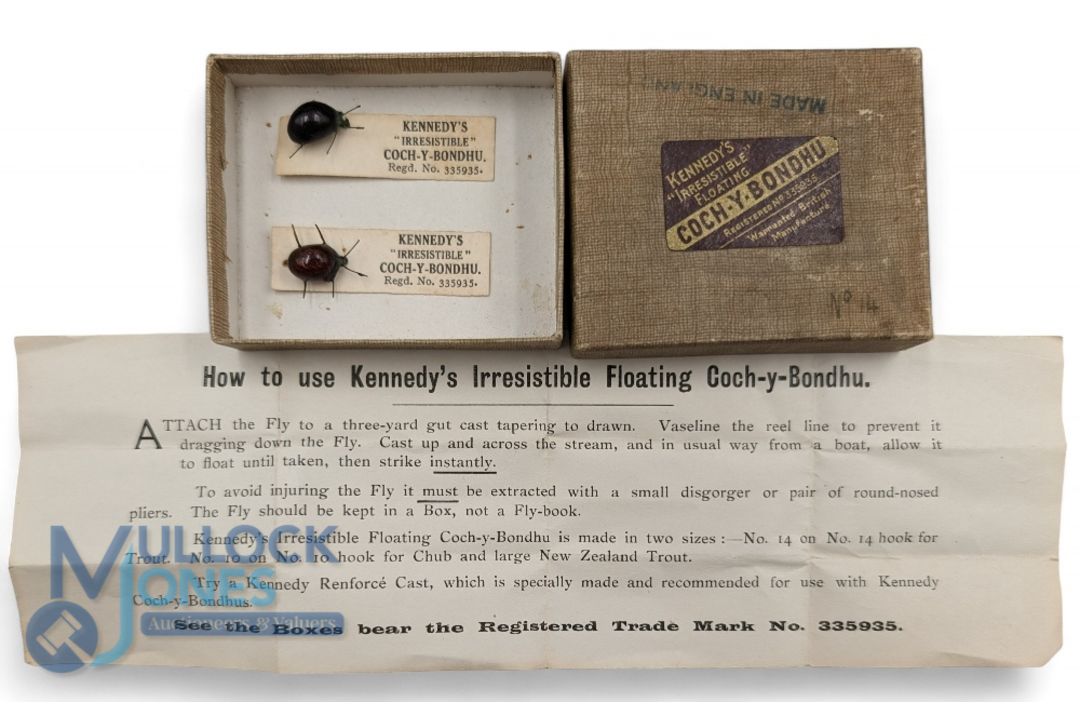 A rare and original Kennedy's Coch-y-Bondhu Beetle Irresistible Floating Fishing Lures, 2 beetles on