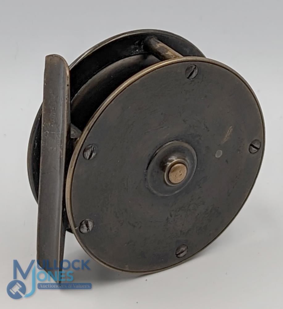Hardy Bros crank wind brass reel 2 1/2" with enclosed oval trade mark, waisted crank arm with - Image 2 of 2