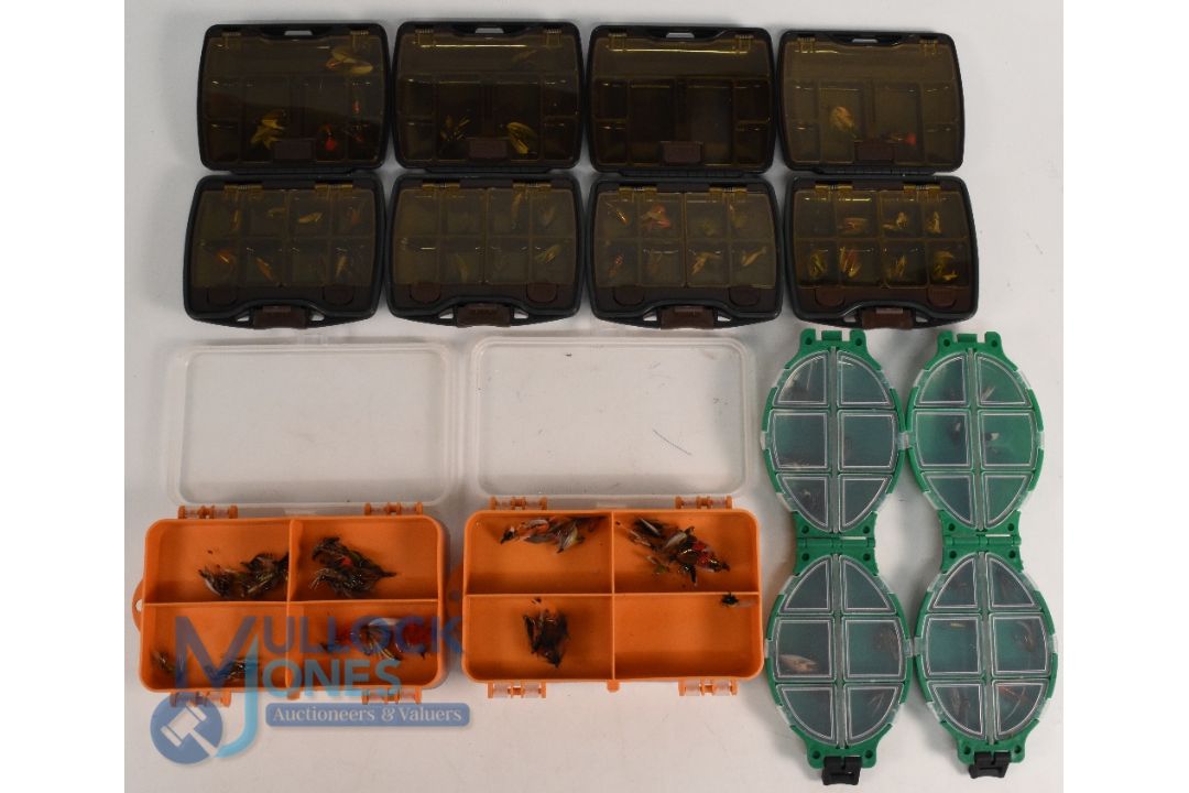 Collection of compartment fly boxes: 4x Sky Top Pocket fly box, 4" x 3" double sided with 3 spring