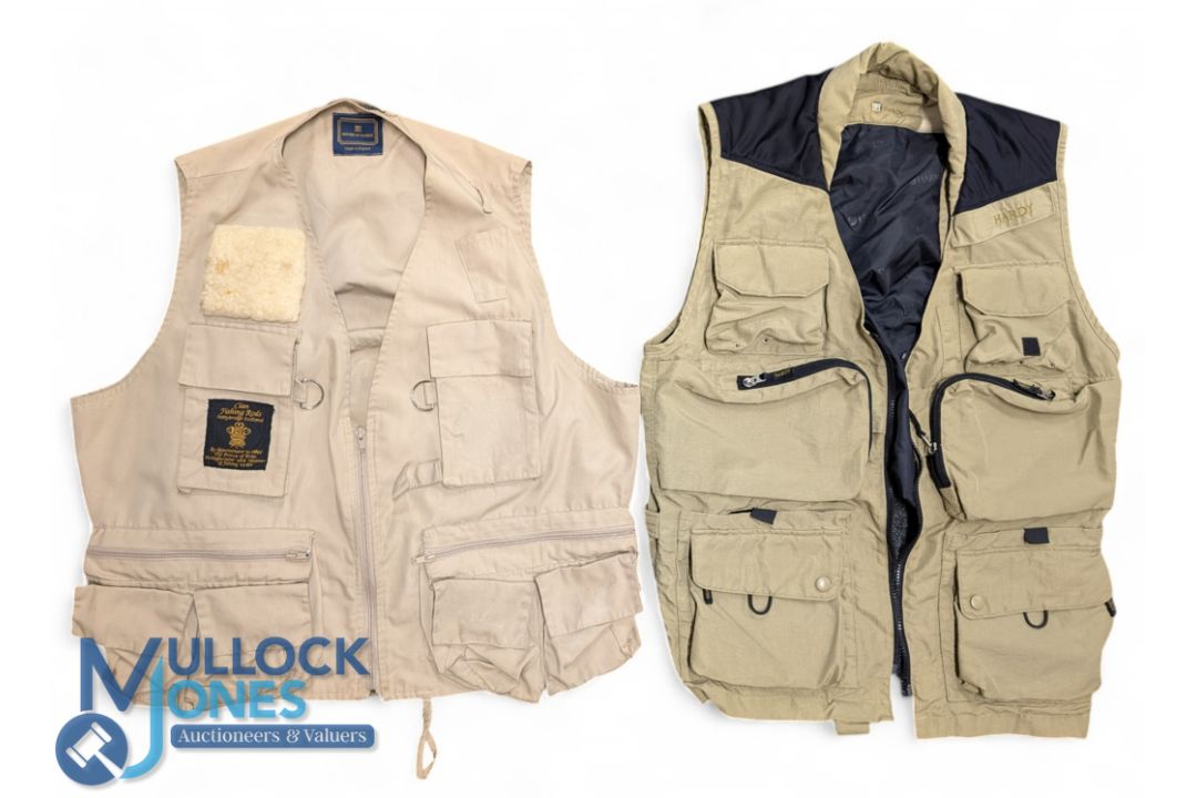 Two Hardy Bros Fly Fishing Waistcoats, with multi pockets, lambs wool fly holder, size M, condition
